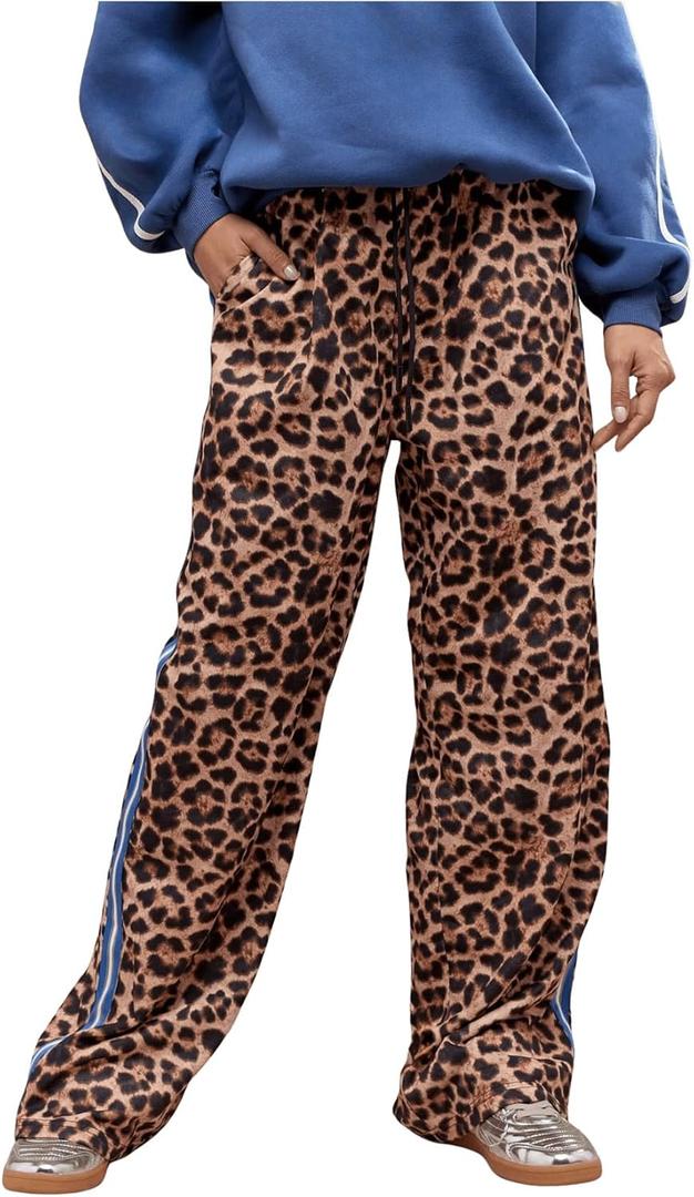GORGLITTER Women's Leopard Wide Leg Pants Stripe Elastic High Waisted Sweatpants L