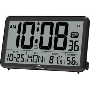 WallarGe Auto Set Digital Wall Clock Battery Operated, Desk Clocks with Temperature, Humidity and Date, Large Display Digital Calendar Alarm Clock for Elderly, Bedroom, Office, 8 Time Zone, Auto DST. (Black)