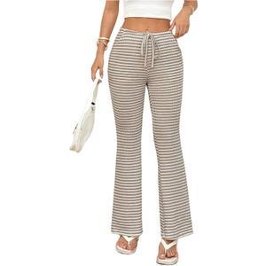 Floerns Women's Casual Striped Pants Bell Leg Tie Front Low Rise Travel Knit Pants, M