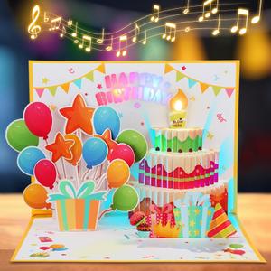 MZD8391 Birthday Cards Pop Up Cake with Blowable Candle Light, Music Happy Birthday Card Gifts for Men Women Kids Mom Grandma (Multicolor)