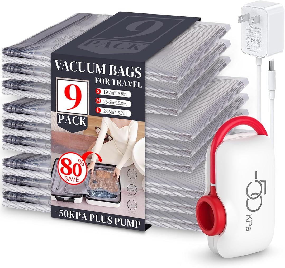 VMstr Vacuum Seal Bags for Clothing Travel, Carry-on Size for Luggage Compression Packing, Space Bags with High Pressure Electric Pump (DC Power) 9-Pack Combo Size Travel Set