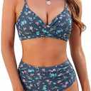 ZAFUL Women High Waisted Bikini Sets Two Piece Swimsuit Push Up Twist Front Ruched Bathing Suit, Medium, Denim Blue Floral