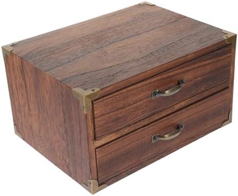 Cabilock Vintage Wooden Desk Organizer with Two Draways Compact Desktop Storage Box for Home Office and Bedroom Retro Style Drawer Cabinet for Easy Organization and Clutter Tabletop