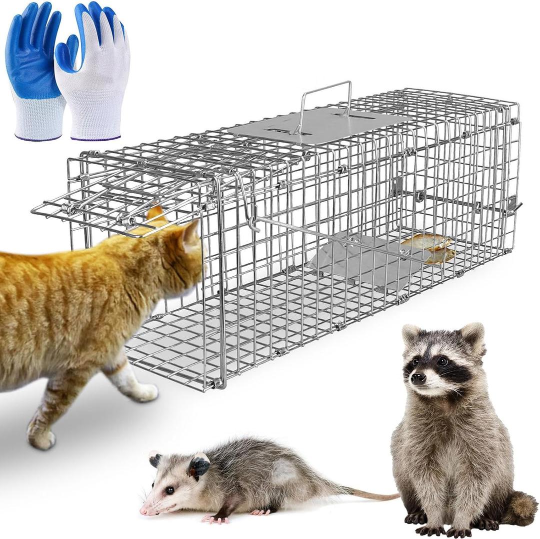 TeqHome Humane Animal Cage Trap,26"x9"x10" Heavy Duty Foldable Collapsible Galvanized Steel Live Trap for Stray Cats, Raccoons, Groundhogs,Squirrel,Chipmunk,Indoor/Outdoor Use,Easy to Catch & Release
