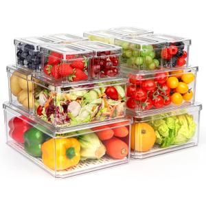 14 Pack Fridge Organizer, Stackable Refrigerator Organizer Bins with Lids PBA-Free, Clear Fridge Organizers and Storage for Kitchen, Countertops, Cabinets, Fridge, Drinks, Fruits, Vegetable, Cereals