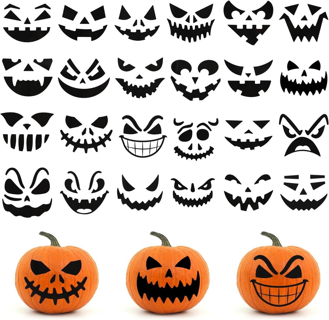 24pcs Halloween Pumpkin Face Stickers, Halloween Jack-O-Lantern Face Craft Decals Props Etching Pumpkin Template Trick Party Supplies for Kids & Adults