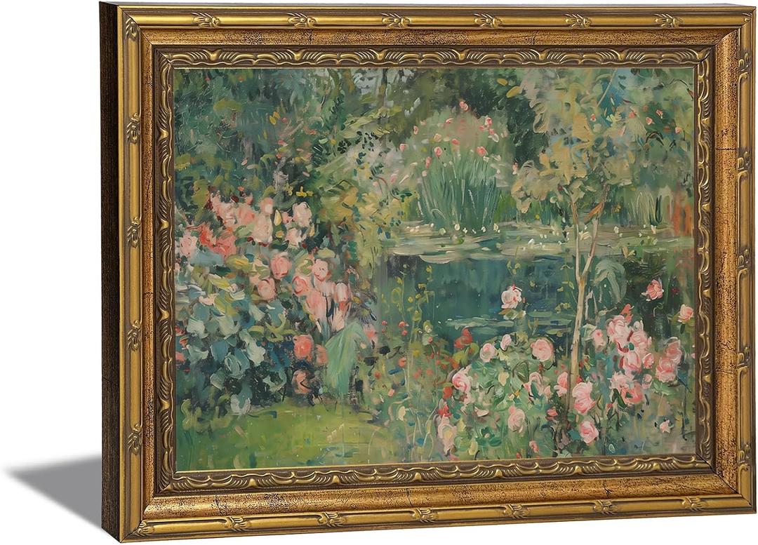 Gold Framed Canvas Wall Art Vintage Impressionist Rose Garden Pond Picture Wall Decor Rustic Farmhouse Floral Print Paintings Ideal for Living Room Bedroom Thoughtful gift and Home Decor 16x24 in