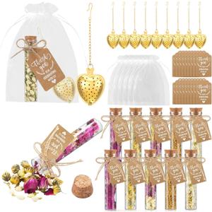 Mimorou 12 Sets Tea Party Favors Tea Party Decorations Bulk for Guests Include Heart Shaped Infuser Glass Jar Thank You Gift Tag Drawstring Organza Bag for Wedding Bridal Shower Souvenir