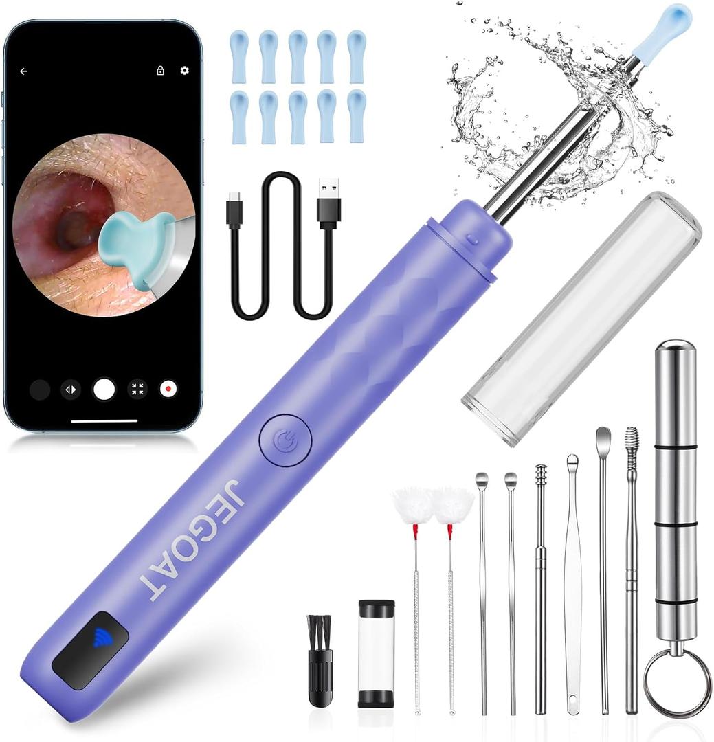 Ear Wax Removal, Ear Wax Removal Tool, Ear Cleaner, Wireless Ear Wax Removal Kit Includes 9 Ear Pick, Compatible with iOS and Android, with 1296P HD Camera and LED Light (Purple)