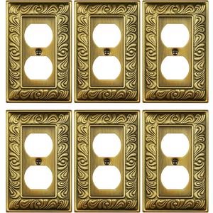 6-Pack Duplex Outlet Cover Plate, Paisley Pattern Antique Brass Metal Wall Plates for Electrical Outlets, 1 Gang Receptacle Cover Decorative Switch Plates and Outlet Covers