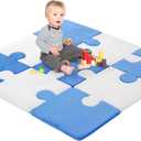 MABOZOO Large 9 Pcs Plush Baby Play Mat, 47"x47" Overall Size Fluffy Carpet Squares 0.8-inch Thick Anti Slip Interlocking Carpet Tiles Soft Floor Mat for Kids Home Playroom Nursery - Blue&White