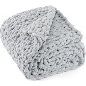 Chunky Knit Throw Blanket 50"X 60", 100% Handmade with Soft Chenille Yarn, 4.4lbs Thick Cable Knitted Blankets, Large Rope Knot Crochet Throws for Couch Sofa Bed Home Decor, Light Grey