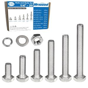 180pcs 1/4-20 Nuts and Bolts Assortment Kit, 1/4"-20 Thread 6 Sizes 2" 1-1/2" 1-1/4" 1" 3/4" 1/2" Long 1/4-20 Hex Bolts, Hex Nuts Flat Washers, Spring Washers SAE 304 Stainless Steel