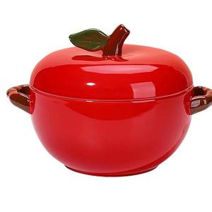 Teecyhooo 25 oz Apple Ceramic Ramekin with Lids and Handles Oven Safe, Mini Red Porcelain Casserole Dishes for Home Baking Souffle Creme Brulee, Kitchen Decor Gift