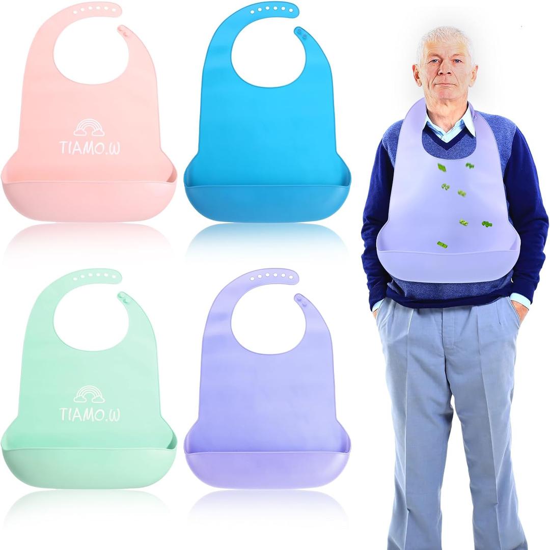 4 pieces adult bib Large silicone adult bibs with crumb catcher, adjustable waterproof clothes protector, Bibs for Elderly Women and Men, Senior Feeding Bibs - Unisex