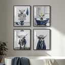 Framed Highland Cow Funny Bathroom Wall Art, 4 Piece Fun Animal Navy Blue Art Prints, Cute Cow Sitting on Toilet or in Bathtub or Reading Pictures Wall Decor for Toilet, Restroom, Washroom, Bathroom, Size: 8" W x 10" H x 4 Pcs