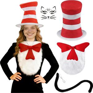 Vermeyen 4Pcs Cat costume Striped Top Hat Bow tie Tail Accessories Set Adult Halloween Cosplay