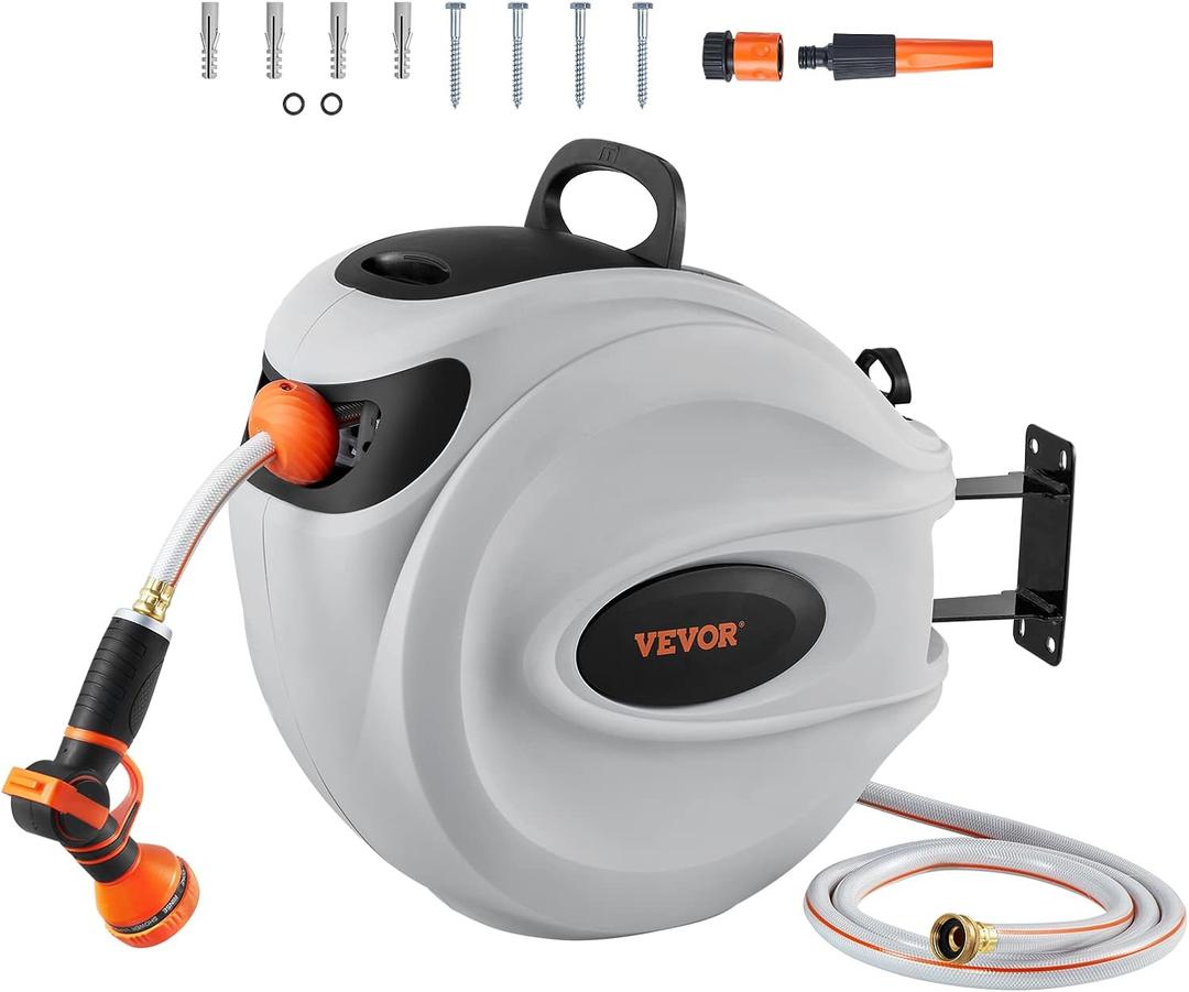 VEVOR Retractable Hose Reel, 130 ft x 1/2 inch, Garden Water Hose Reel with 9-Pattern Nozzle, 180 Swivel Bracket Wall-Mounted, Automatic Rewind, Lock at Any Length, with Slow Return System