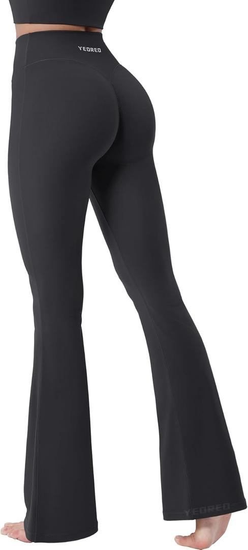 YEOREO Baverly Workout Flare Leggings for Women, 32" Hidden Scrunch Gym Yoga Pants High Waisted Casual Leggings (Medium, Black)
