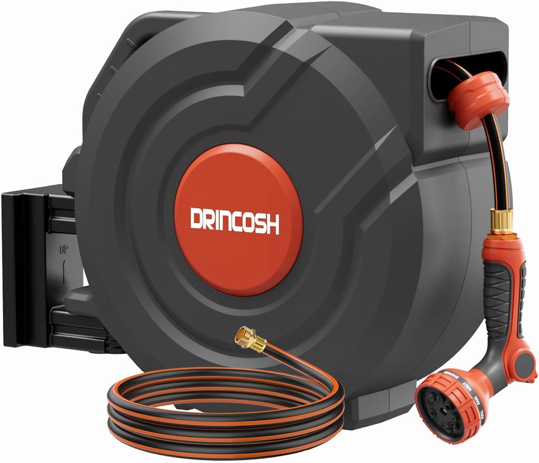 Retractable Garden Hose Reel 100 ft 1/2 inch Automatic Rewind with Any-Length Lock 9 Pattern Sprayer Nozzle 180 Swivel Wall-Mounted Hose Reel for Home Yards