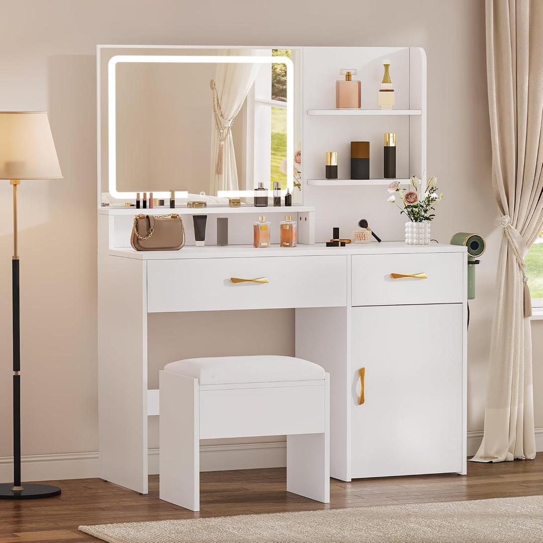 YITAHOME Vanity Desk with LED Lighted Mirror, Makeup Vanity Set with Power Strip, Drawers, Cabinet, Shelves, and Stool, Stylish White Vanity for Dressing Room (Large)