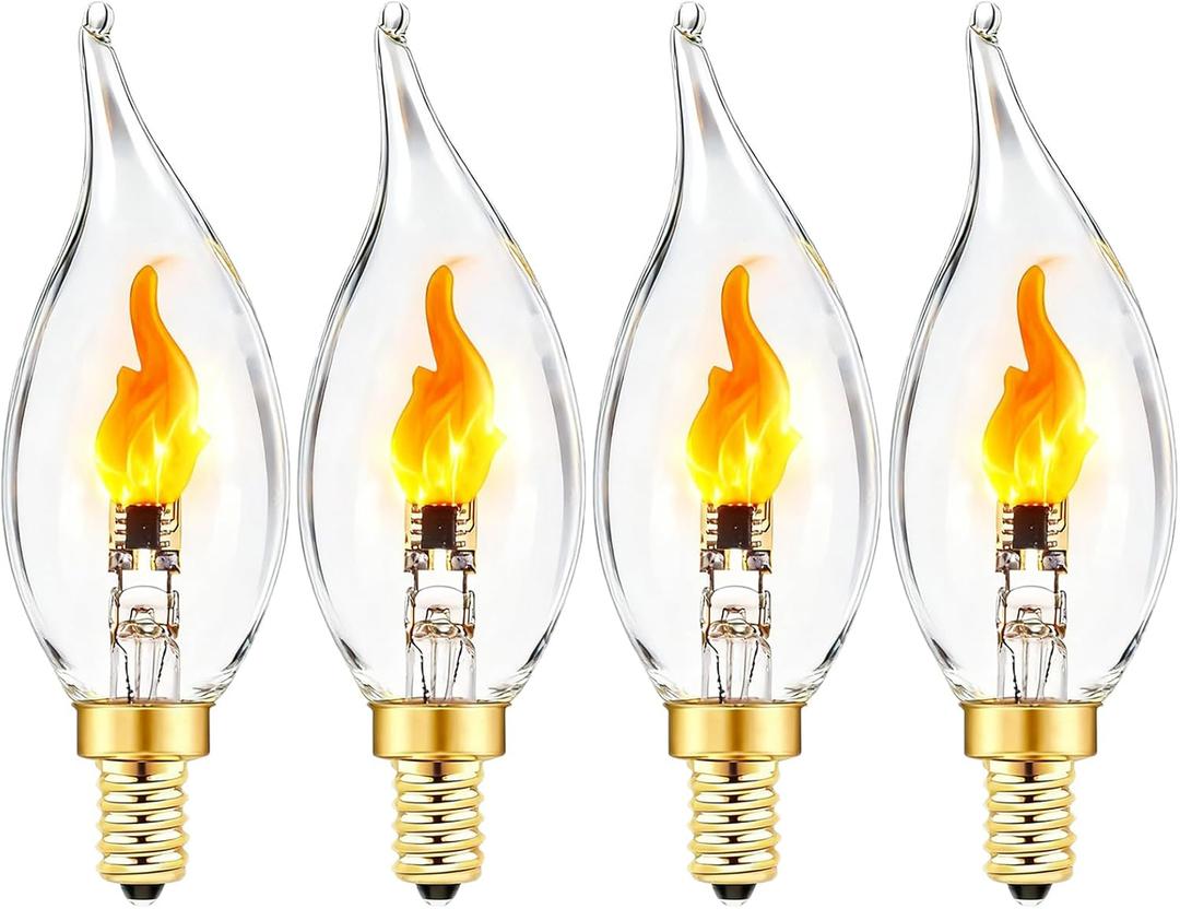 Sunaiony Flickering Light Bulbs E12 Candelabra LED Fire Effect Flicker Flame, LED Candle Flame Bulb for Decoration, 4 Pack (1 Mode)