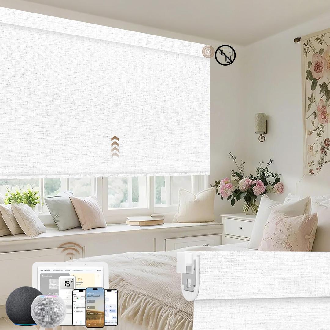 Kincmo No Drill Motorized Blinds with Remote, 100% Blackout Roller Shades for Windows, Custom Electric Blinds Compatible with Alexa, Apple Homekit, Google Home (100% Blackout Classic White)
