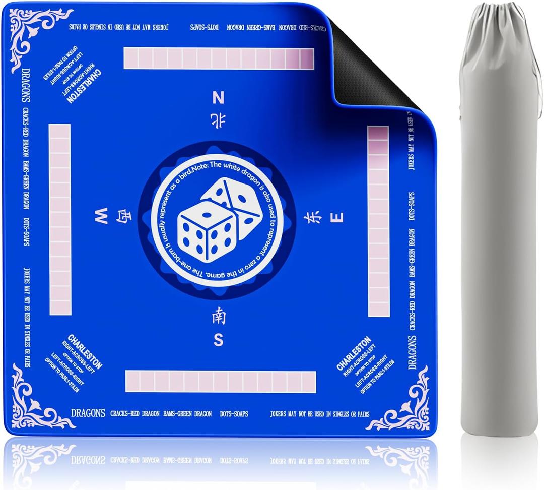Mahjong Mat Table Cover 32x32 Inch Large American Mahjong Game with Game Rules, Travel Poker Playing Mats Portable cloth bag for 2025 Mahjongg Jongg Fans, Poker, Board Games and Dominoes(Blue)
