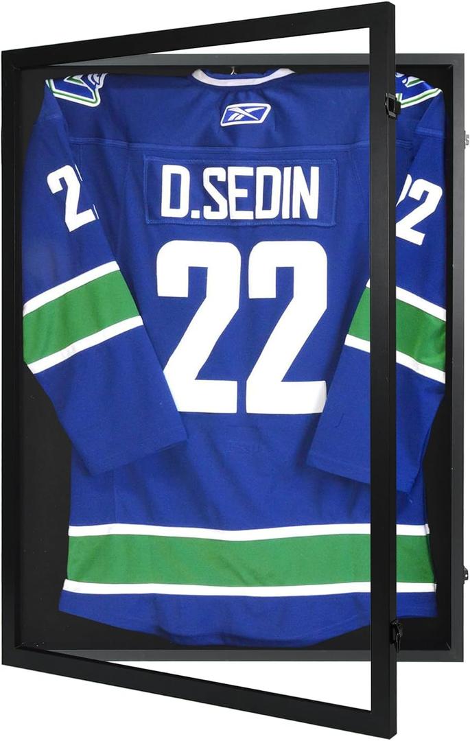 Wooden Jersey Frame Display Case 1 Pack, Large Sports Jersey Shadow Box Frame with Hangers for Hockey Football Baseball Basketball Soccer Shirt and Uniform