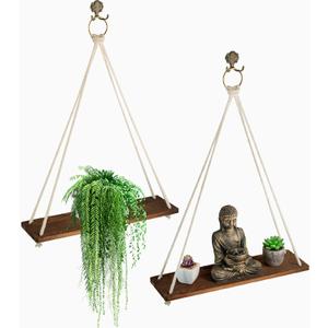 t of 2 Rope Shelves for Wall Hanging Shelf - Room Decor - House Decor - Rope Shelf | 2 Vintage Decor Hooks 2 Big Brass Rings Rope Hanging Shelves for Wall (Torched Rustic Brown)