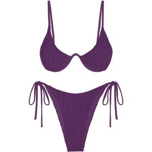 ZAFUL Women's Bikini Sets Ribbed Two Piece Swimsuits Underwire Adjustable Back Clasp Bathing Suit Side Tie Thong Swimwear (Small, Deep Purple)