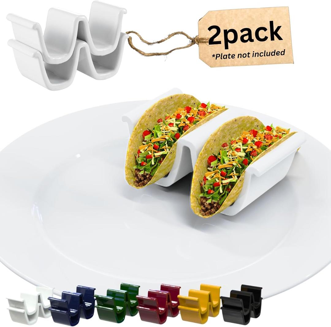 HolaTasty Taco Shell Holder Ceramic, Dual Taco Stand for Plates - Compact Taco Rack 2-Slot for Street/Hard Shell Tacos, Party Taco Server Mini Taco Holder, Taco Heater for Microwave Oven - Set of 2 (White - 2 Pack)