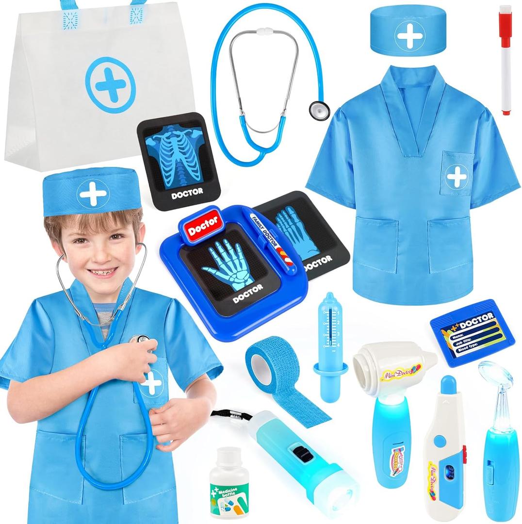 Doctor Kit for Kids, 17 Pcs Medical Play Set with Bag and Dress Up Costume for Toddlers 3-5, Pretend Play Toys for Kids Boys and Girls, Halloween Christmas Birthday Gifts