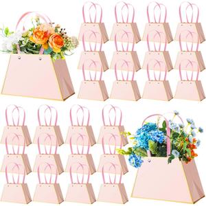 Noveread 24 Pcs Mother's Day Floral Gift Bags Bulk Portable Flower Bouquet Wrapping Paper Bag with Handle Waterproof Florist Wrap Centerpiece Box for Women Anniversary Wedding Birthday(Light Pink)