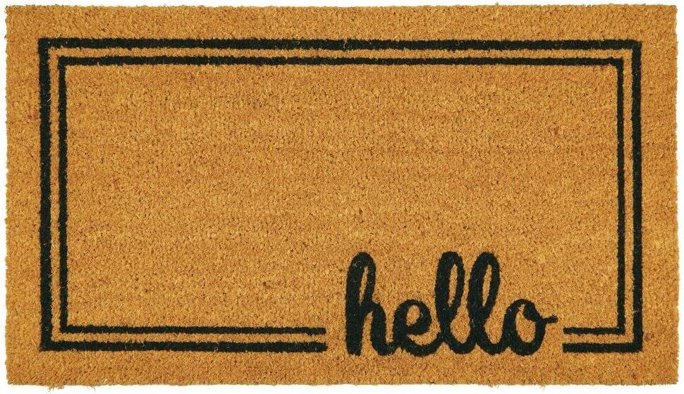 mDesign Rectangular Coir and Rubber Entryway Welcome Doormat with Natural Fibers for Indoor or Outdoor Use - Decorative Script Hello Design - Natural/Black (30 x 17, Natural Border Hello)