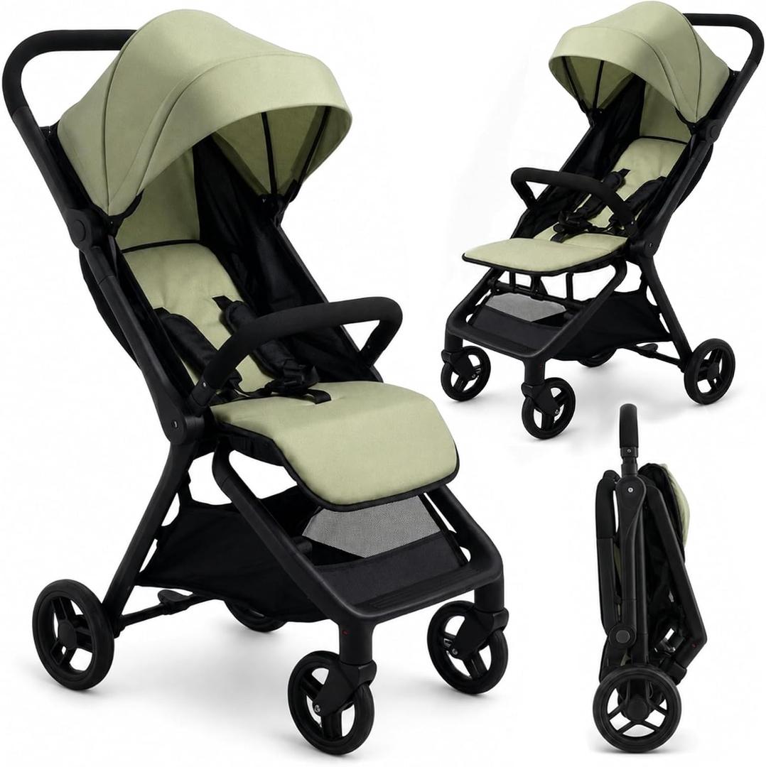 Baby Doll Compact Travel Stroller for Girls, Folding Doll Stroller with Canopy, 31" Tall Lightweight Toy Doll Pram for Bigger Kids, Realistic Pretend Play, Fits All Dolls (Olive Green)