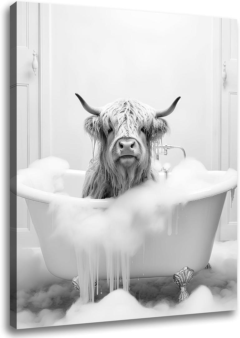 Highland Cow in Bathtub Wall Art for Bathroom, Funny Animal Painting Pictures Canvas Wall Decor, Cute Animal Poster Art for Bathroom, Modern Wrapped Canvas Prints Ready to Hang 12"x16"