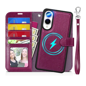 TUCCH Case for Galaxy S25 Edge, [Detachable] 2 in 1 Magnetic PU Leather Wallet Wrist Strap RFID Blocking Wireless Charging 4 Card Holder Kickstand Removable Flip Cover for Galaxy S25 Edge, Plum Purple
