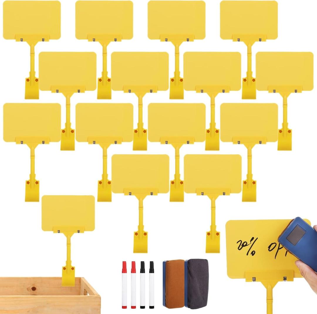 30 Pack Rotating Clip Sign Holders, Clip Holder Chalkboard Sign Price Tag Display, Erasable Black Plastic Sign Clip, with Markers & Erasers for Cafe Store (Yellow)