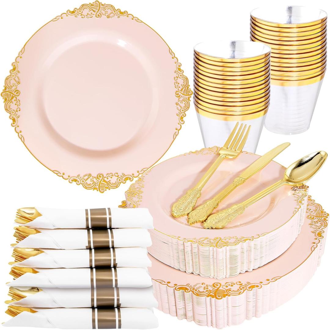 Nervure 175PCS Pink Plastic Plates - Disposable Pink Gold Party Plates & Pre Rolled Napkins with Cutlery for 25 Guests, 50Plates, 75Silverware, 25Cups, 25Napkin for Wedding & Party & Valentines