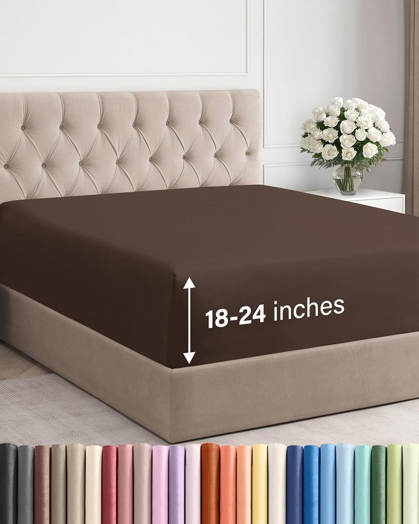 Extra Deep Queen Fitted Sheet - Hotel Luxury Single Fitted Sheet Only - Easily Fits 18 inch to 24 inch Mattress - Ultra Soft, Wrinkle Free w/Extra Deep Pockets - Easy-Care, Breathable & Comfy - Brown