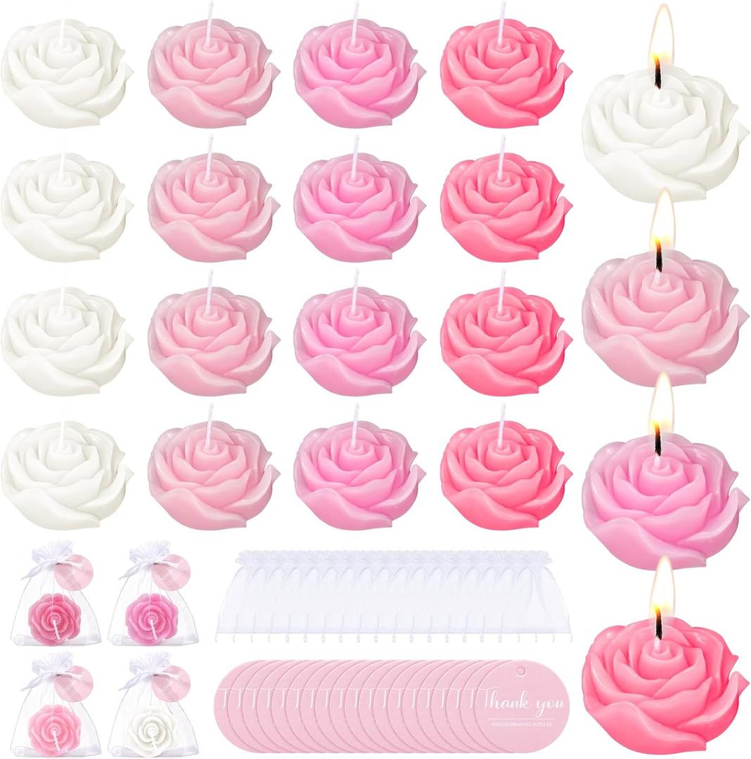 Treela 24 Set Flower Candles Wedding Favor for Guests Mini Pink Rose Shaped Tealight Candles for Return Gift Wedding Birthday Bridal Shower Housewarming Party