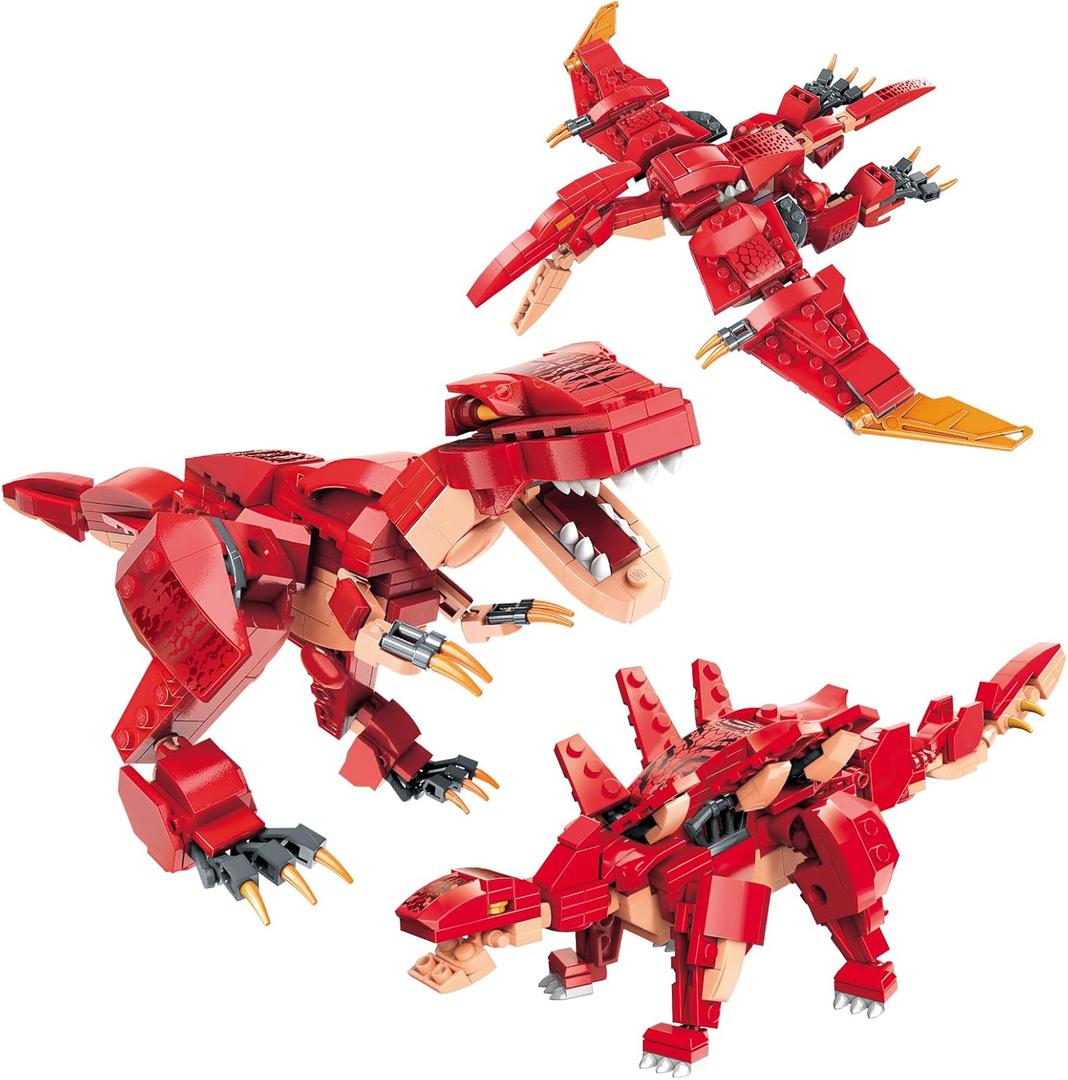 STEM Creator 3 in 1 Dinosaur Building Set 287PCS, Compatible with Lego Dinosaur, Educational Building Toys for Boys Ages 6 and Up, Red Animal Toy Set Gift for Kids