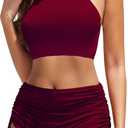Women High Waisted Shorts Bikini Sets Tummy Control Swimsuit Two Piece Halter Drawstring Bathing Suit, Wine New XL