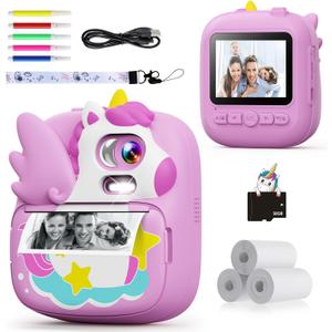 Kids Camera Instant Print, 12MP & 1080P Instant Camera for Kids with 32G Card & Print Paper, Selfie Digital Video for Toddler,Christmas Birthday Gifts for Girls Boy Age 3-12 (Purple)