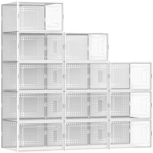 12 Pack Large Shoe Organizer Storage Boxes for Closet, Modular Space Saving Shoe Boxes Clear Plastic Stackable Sneaker Containers Display Case with Lid, Pearl White