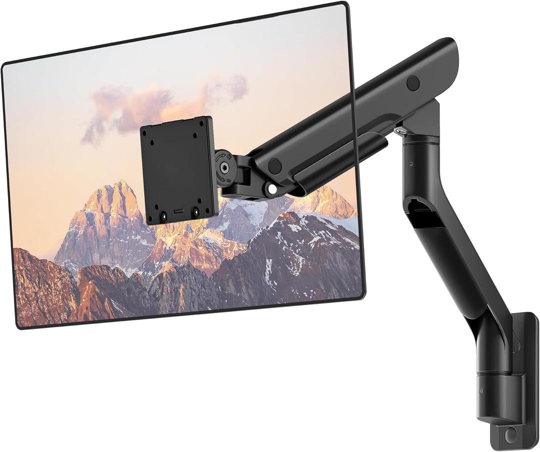 monTEK Heavy-Duty Single Monitor Wall Mount for 17-57 Ultrawide Screens up to 59.4lbs, Premium Aluminum Wall Mount Monitor Arm with Full Motion Adjustment, Pneumatic Lift, Max VESA 100x100 (Black)