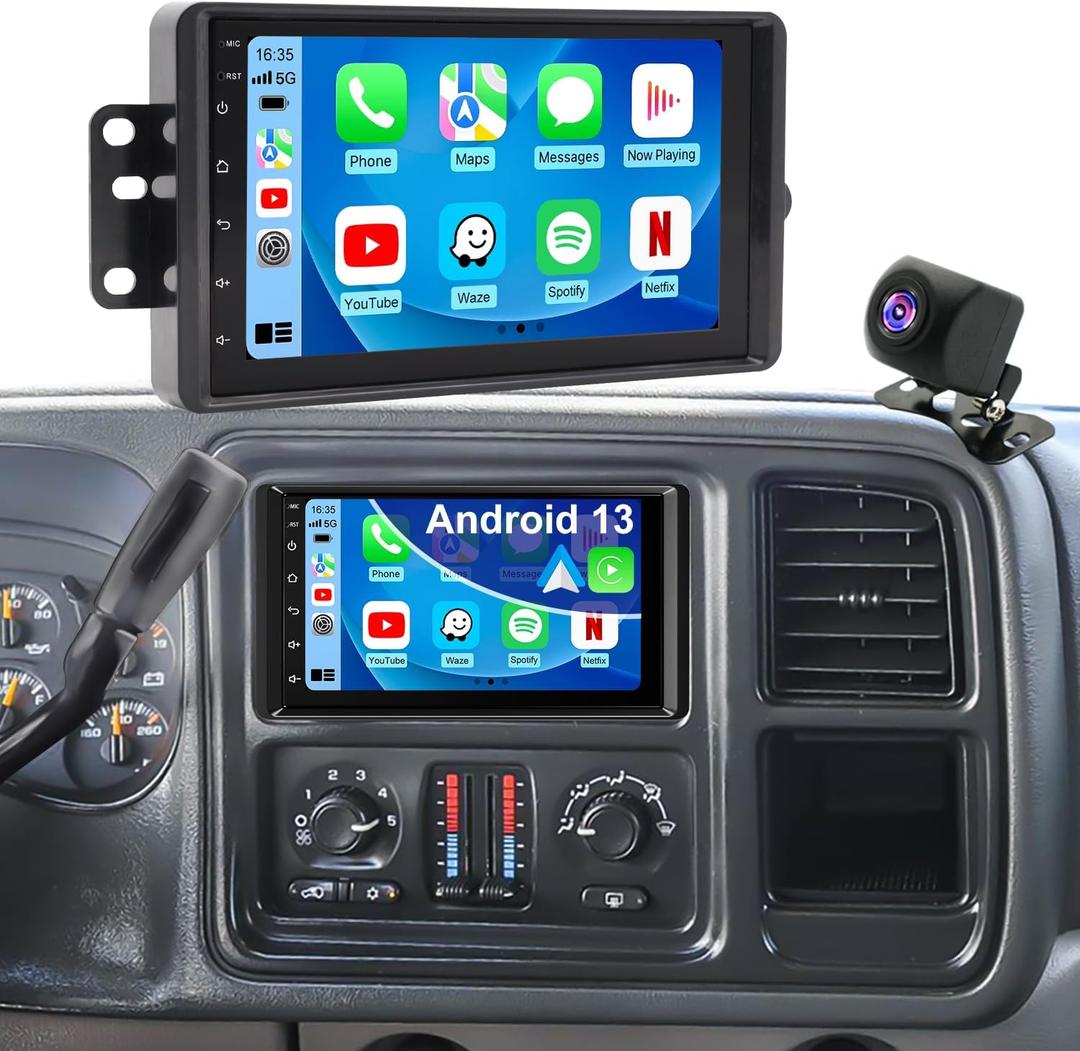 Car Radio for GMC Sierra 1500/2500/3500 2003-2006, Chevy Silverado 1500/2500/3500 2003-2006, Tahoe/SSR 2003-2006, Impala 2000-2005, 7" Touch Screen Stereo, Carplay Android Auto GPS FM BT WiFi Camera