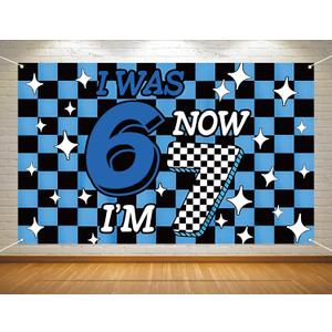 6 7 Birthday Party Decoration Blue Checkered I was 6 Now I'm 7 Photo Booth Backdrop Boy School Classroom Background Banner Wall Decor (Blue Checkered, 3.65.9ft)