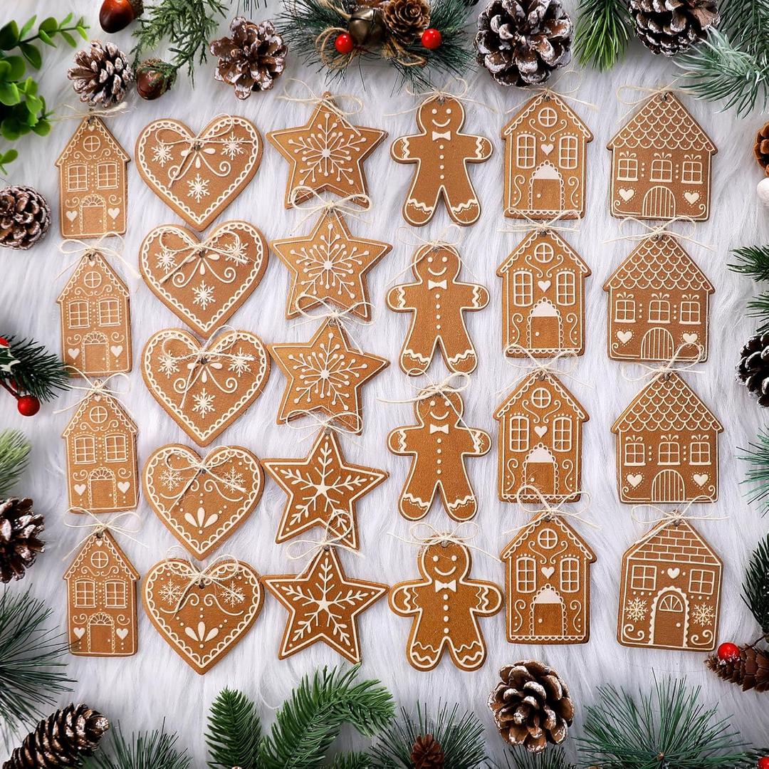 Huwena 36 Pcs Vintage Christmas Ornaments Wooden Christmas Tree Ornaments Wood Cutouts Rustic Farmhouse Tree Decorations for Home Xmas Winter Party (Gingerbread, Brown)